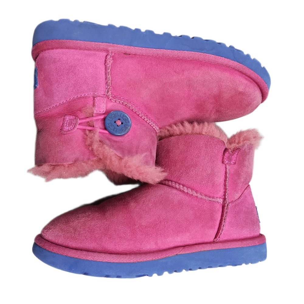 UGG Mini Bailey Button Winter Snow Boots Girls US 3 Pink Blue Sheepskin Lined